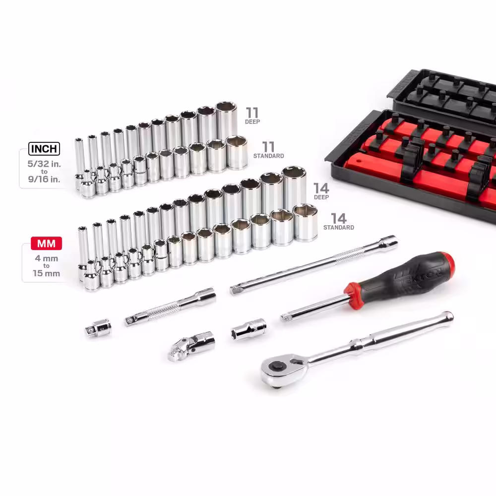 TEKTON 1/4 in. Drive 6-Point Socket and Ratchet Set with Rails (5/32 in.-9/16 in., 4 mm-15 mm) (57-Piece)