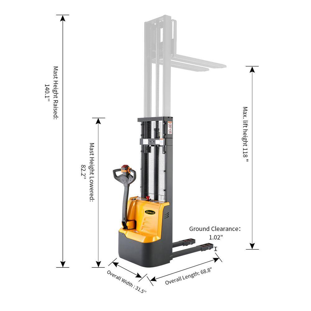 None 3,300 lbs. Capacity 118 in. Lifting Electric Stacker Truck with Fixed Forks Over Fixed Support Legs