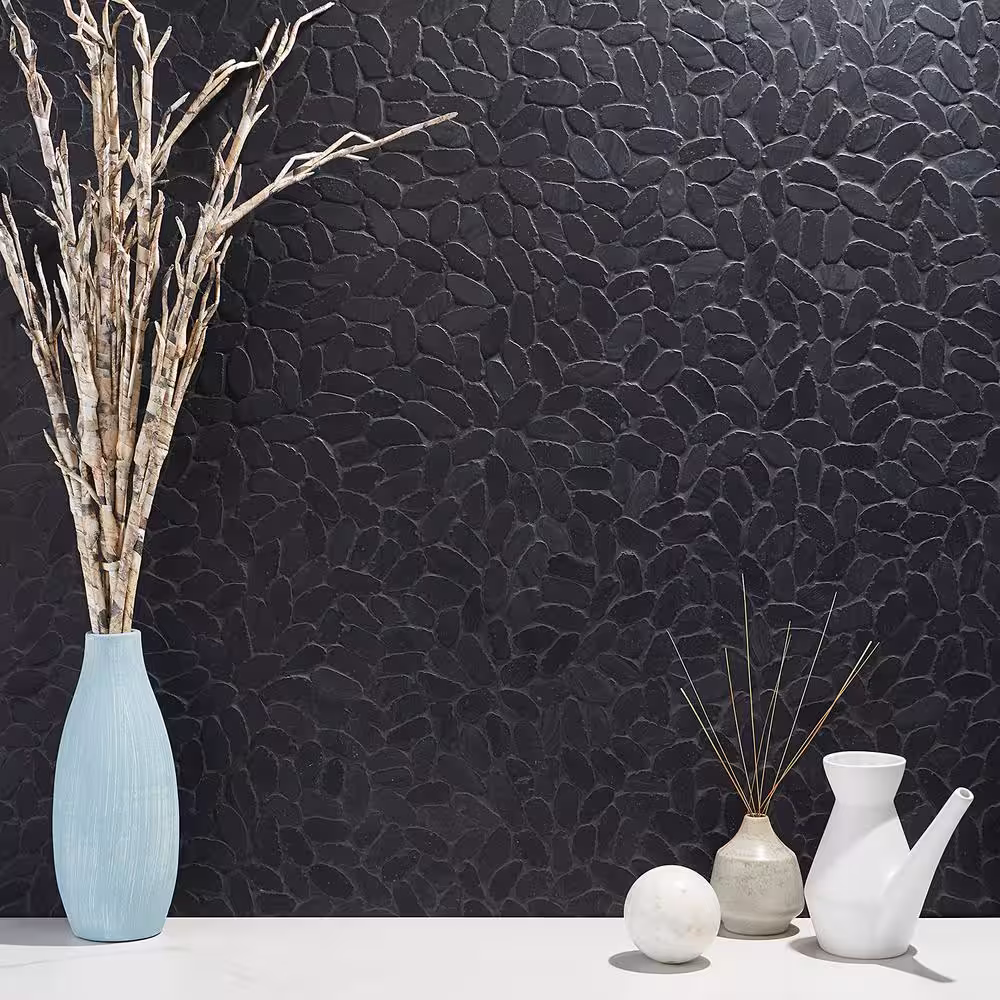 Ivy Hill Tile Countryside Sliced Flat Oval 11.81 in. x 11.81 in. Black Floor and Wall Mosaic (0.97 sq. ft. / sheet)