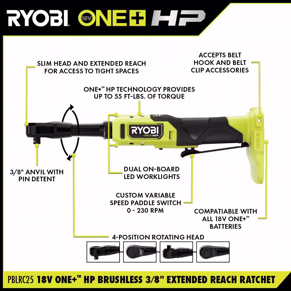 RYOBI ONE+ 18V Lithium-Ion 2.0 Ah, 4.0 Ah, and 6.0 Ah HIGH PERFORMANCE Batteries & Charger Kit w/ HP Brushless Ratchet