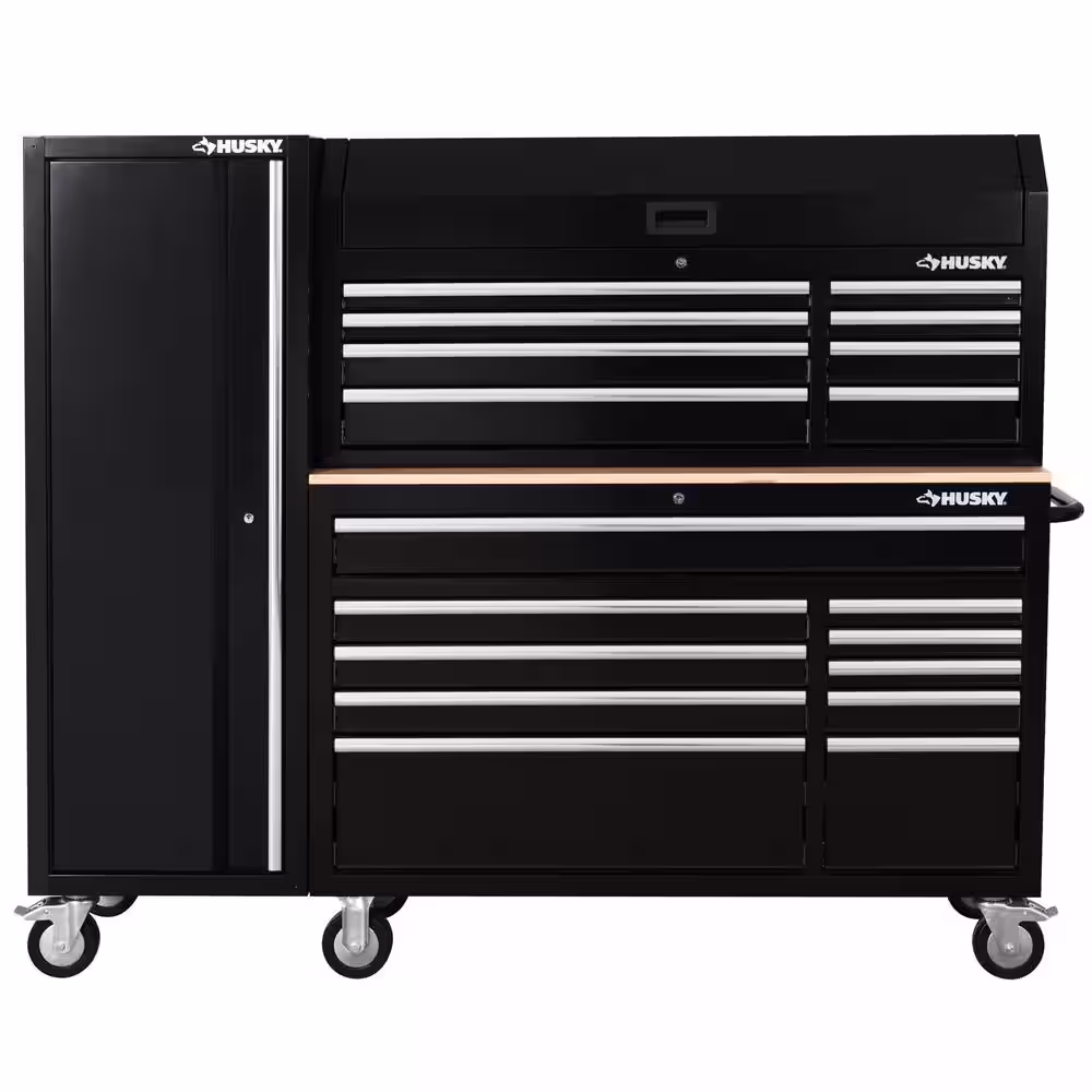 Husky Modular 72 in. W 10-Drawer Black Mobile Workbench Cabinet  with  8-Drawer Top Chest and 20 in. Side Locker