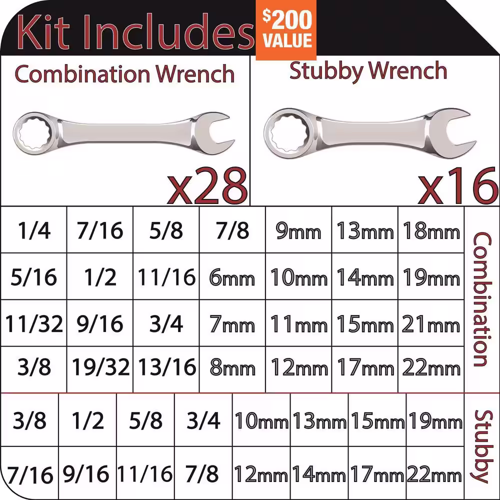Husky SAE and Metric Combination Wrench Set with Tray (44-Piece)