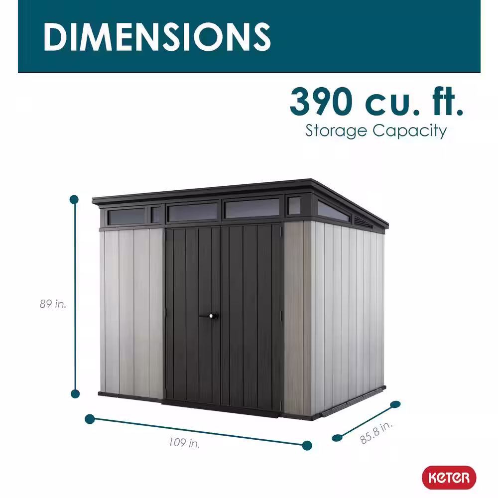 Keter Artisan 9 ft. W x 7 ft. D Grey Large Modern Durable Resin Plastic Storage Shed with Double Doors (64.9 sq. ft.)