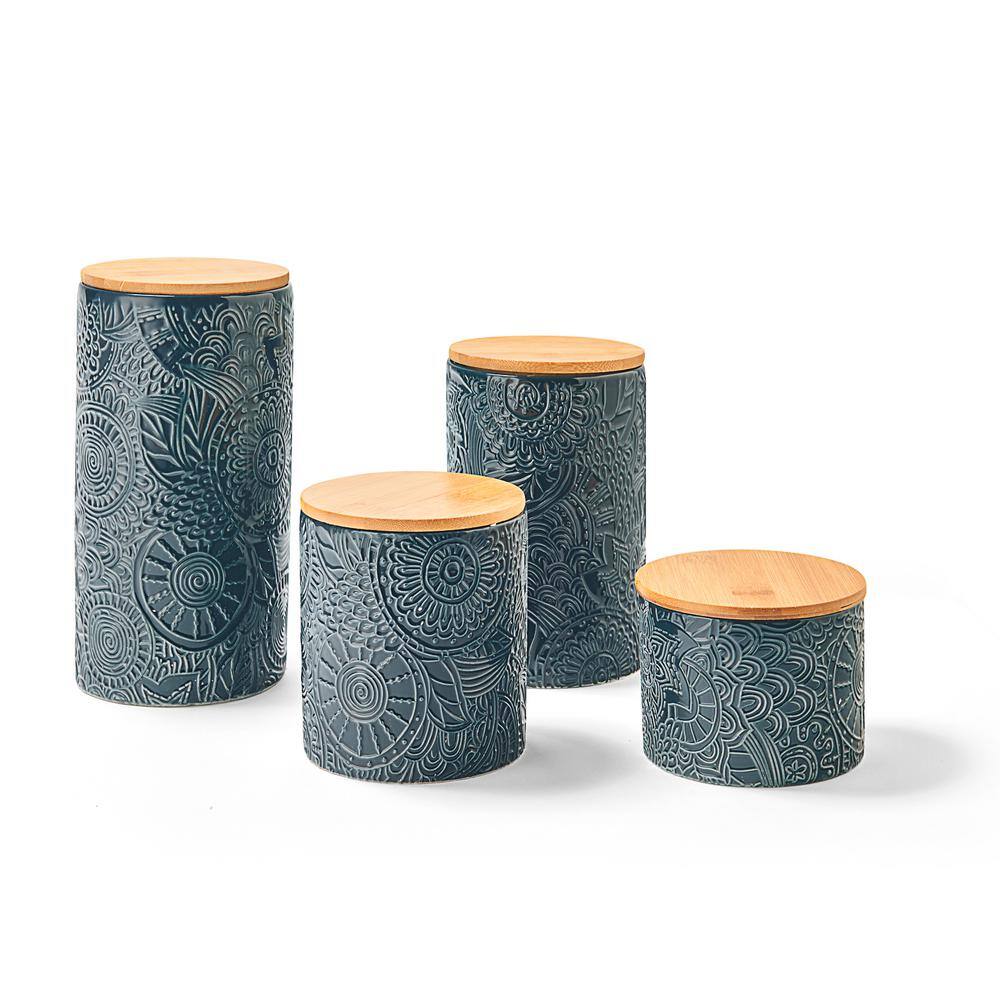 Jay Import Company 4-Piece Embossed Blue Stoneware Canister Set with Wood Lid