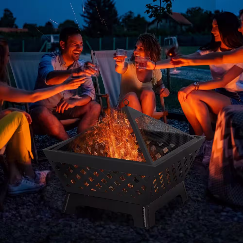 Outsunny 26 in. W x 26 in. H Outdoor Steel Fire Pit Bonfire with Spark Screen Cover