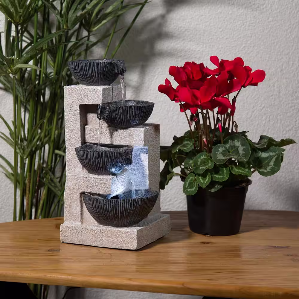 Alpine Corporation 14 in. Tall Cascading Tabletop Bowl Fountain Decoration with LED Lights, Gray