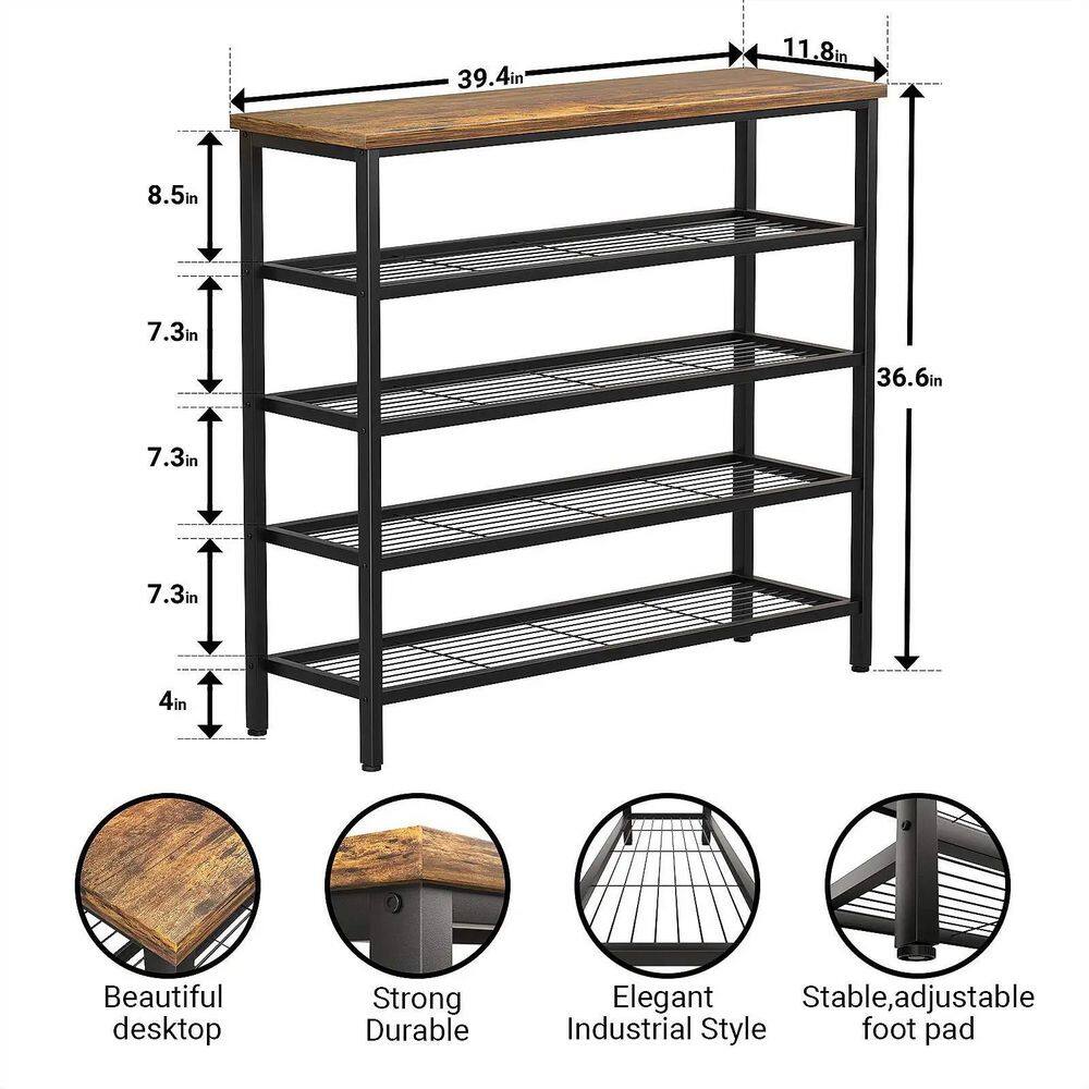 None 36.6 in. H 16-Pair 5-Tier Black Metal Shoe Rack