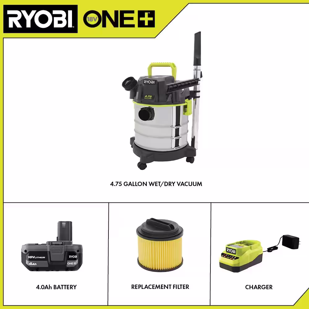 RYOBI ONE+ 18V Cordless 4.75 Gallon Wet/Dry Vacuum Kit with 4.0 Ah Battery, Charger, and Replacement Filter