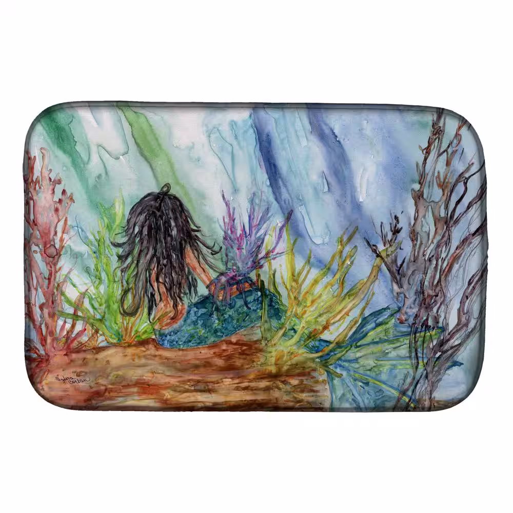 Caroline's Treasures 14 in. x 21 in. Multicolor Black Haired Mermaid Water Fantasy Dish Drying Mat