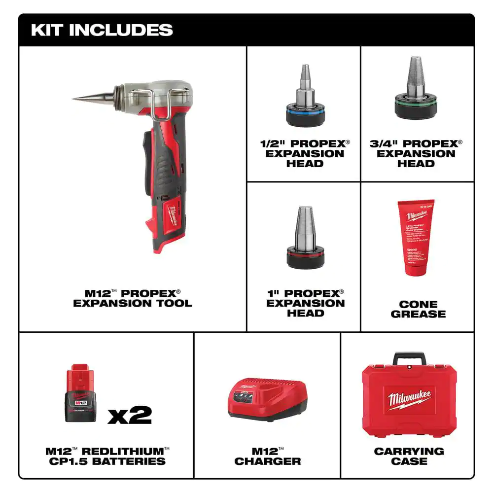 Milwaukee M12 12-Volt Lithium-Ion Cordless ProPEX Expansion Tool Kit with (2) 1.5Ah Batteries, (3) Expansion Heads and Hard Case