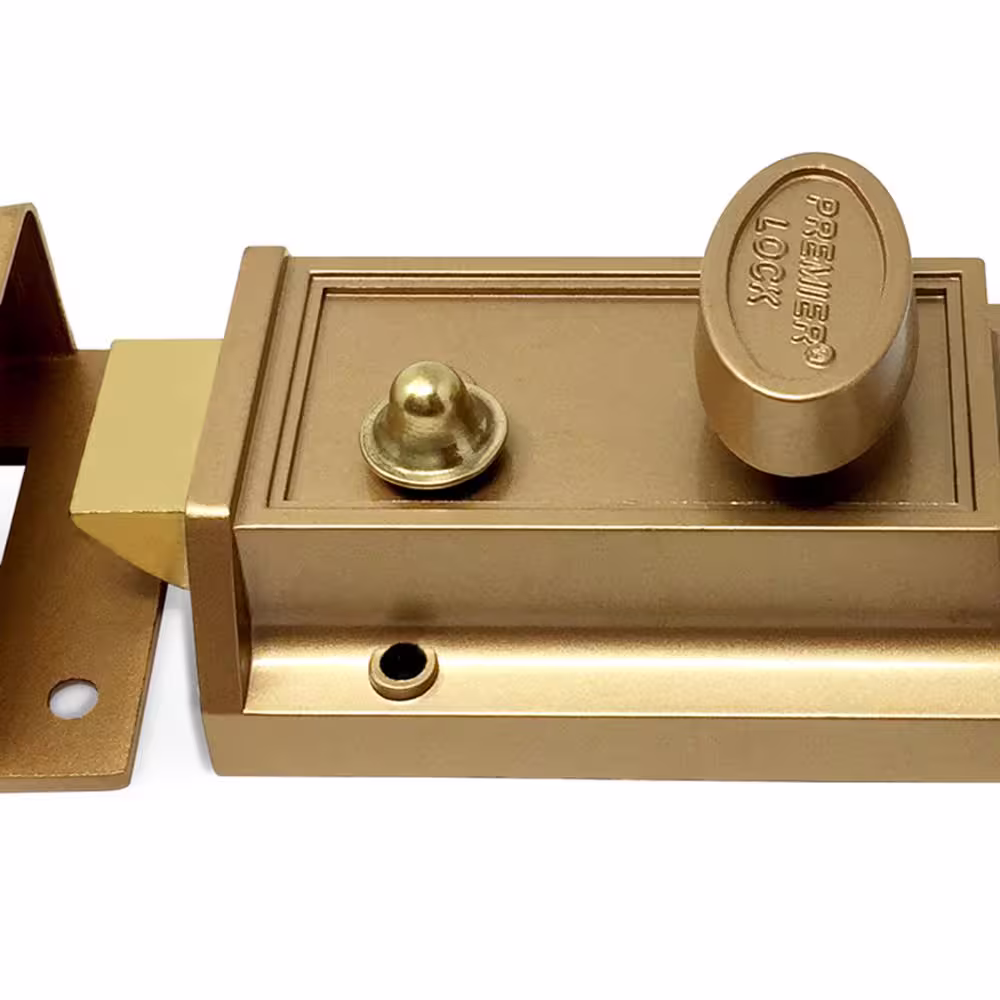 Premier Lock Bronze Laquer Single Cylinder Deadbolt Lock with Night Latch, Holdback Button Rim Cylinder and 2 KW1 Keys