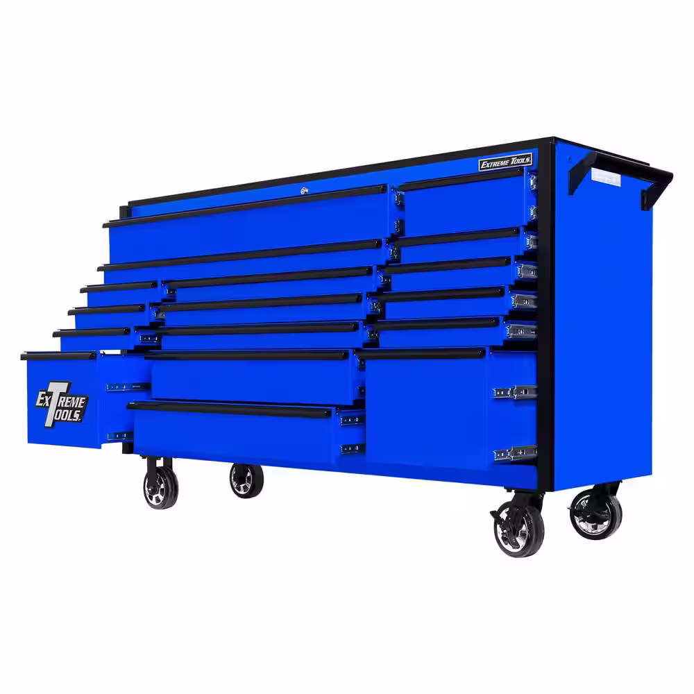 Extreme Tools DX Series 72 in. 17-Drawer Roller Cabinet Tool Chest in Blue with Mag Wheels and Black Drawer Pulls