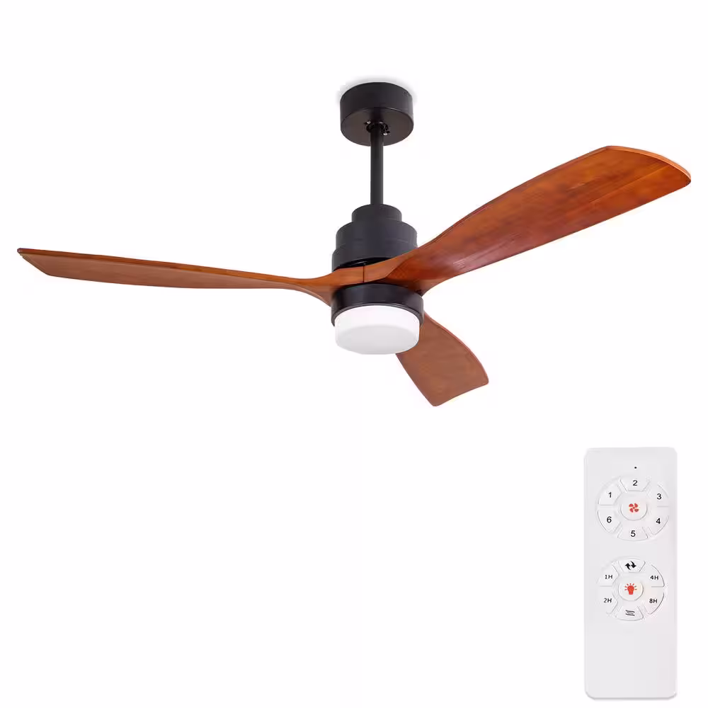 FIRHOT 52 in. Solid Wood Blade Integrated LED Indoor Black Brown Ceiling Fan with Light and Remote Control