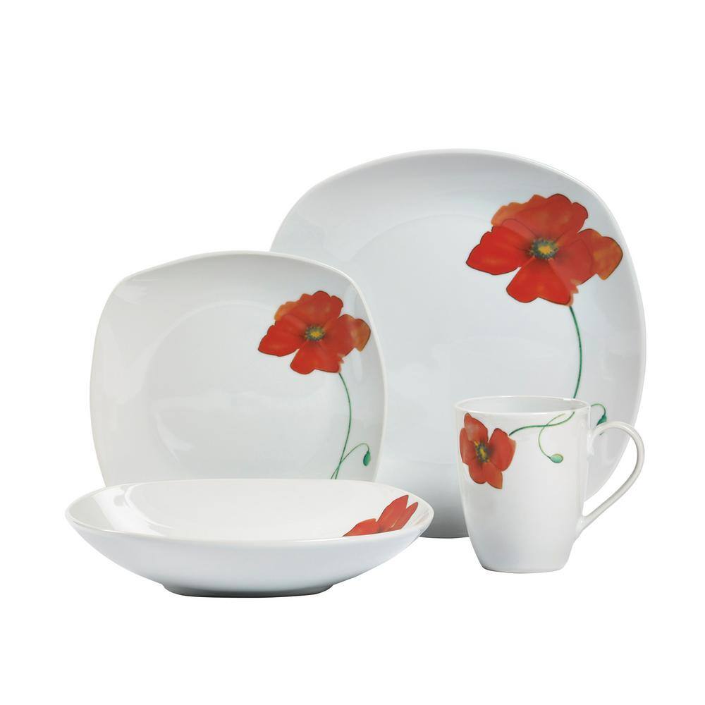 Tabletops Gallery 16-Piece Casual White with Pattern Ceramic Dinnerware Set (Service for 4)