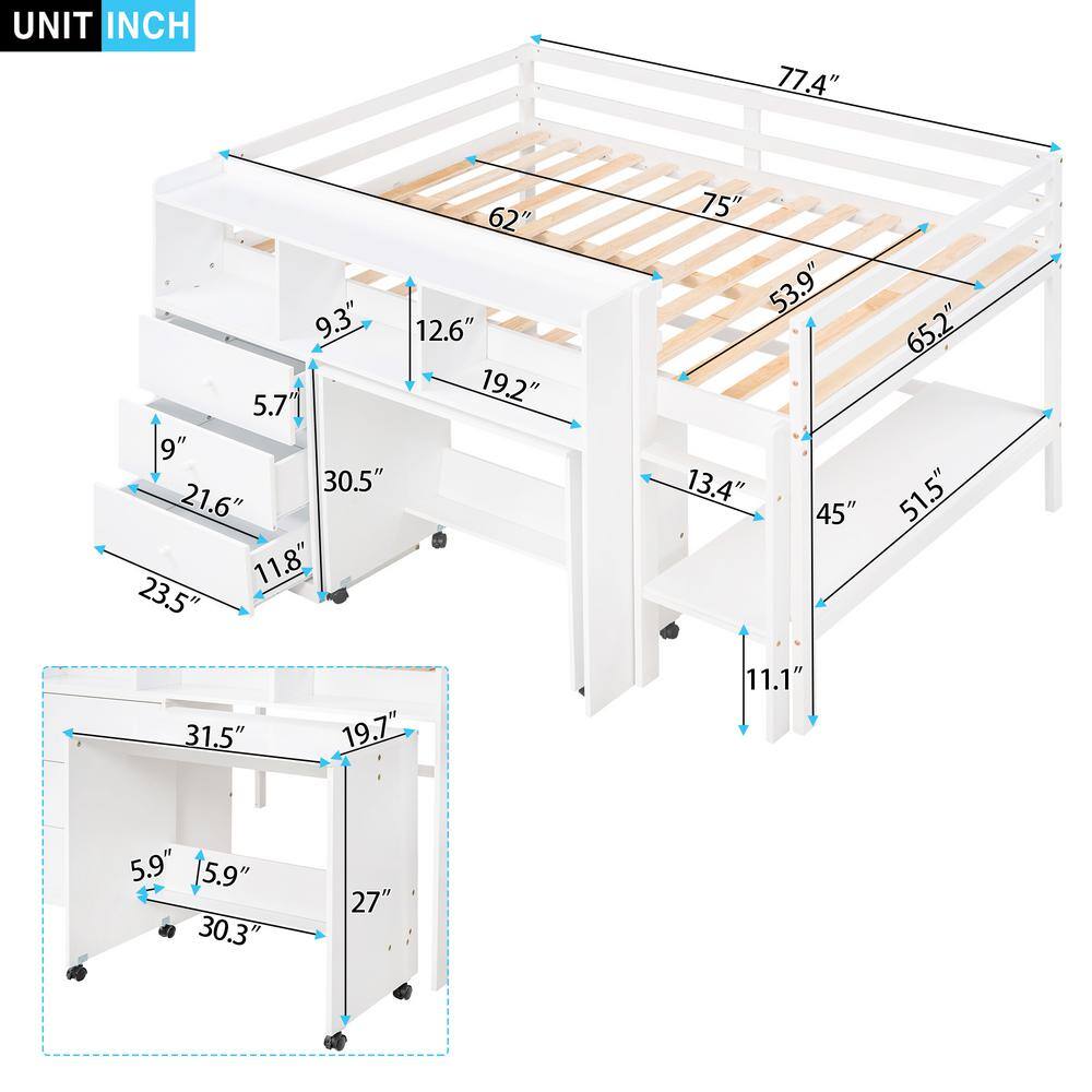 Harper & Bright Designs White Full Low Loft Bed with Rolling Portable Desk, Drawers and Shelves