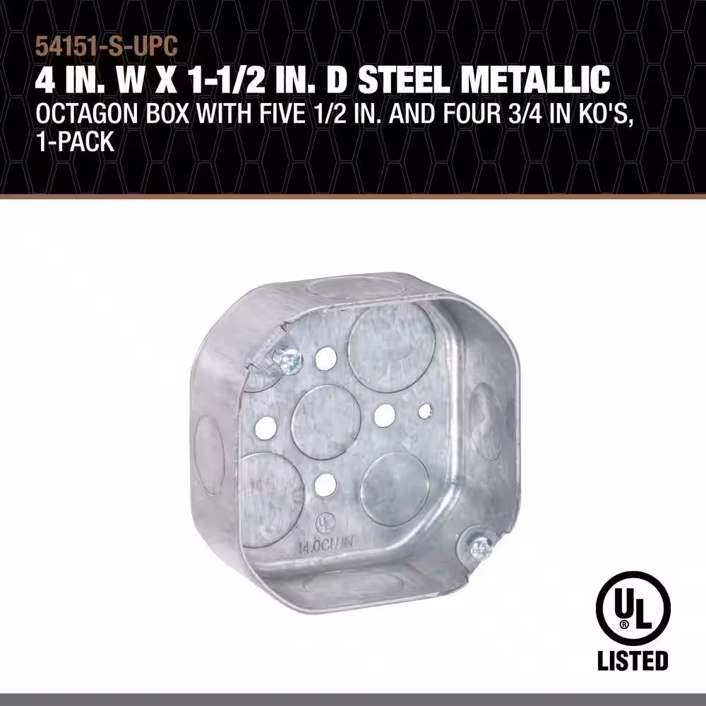 Southwire 4 in. W x 1-1/2 in. D Steel Metallic Octagon Box with Five 1/2 in. and Four 3/4 in KO's, 1-Pack
