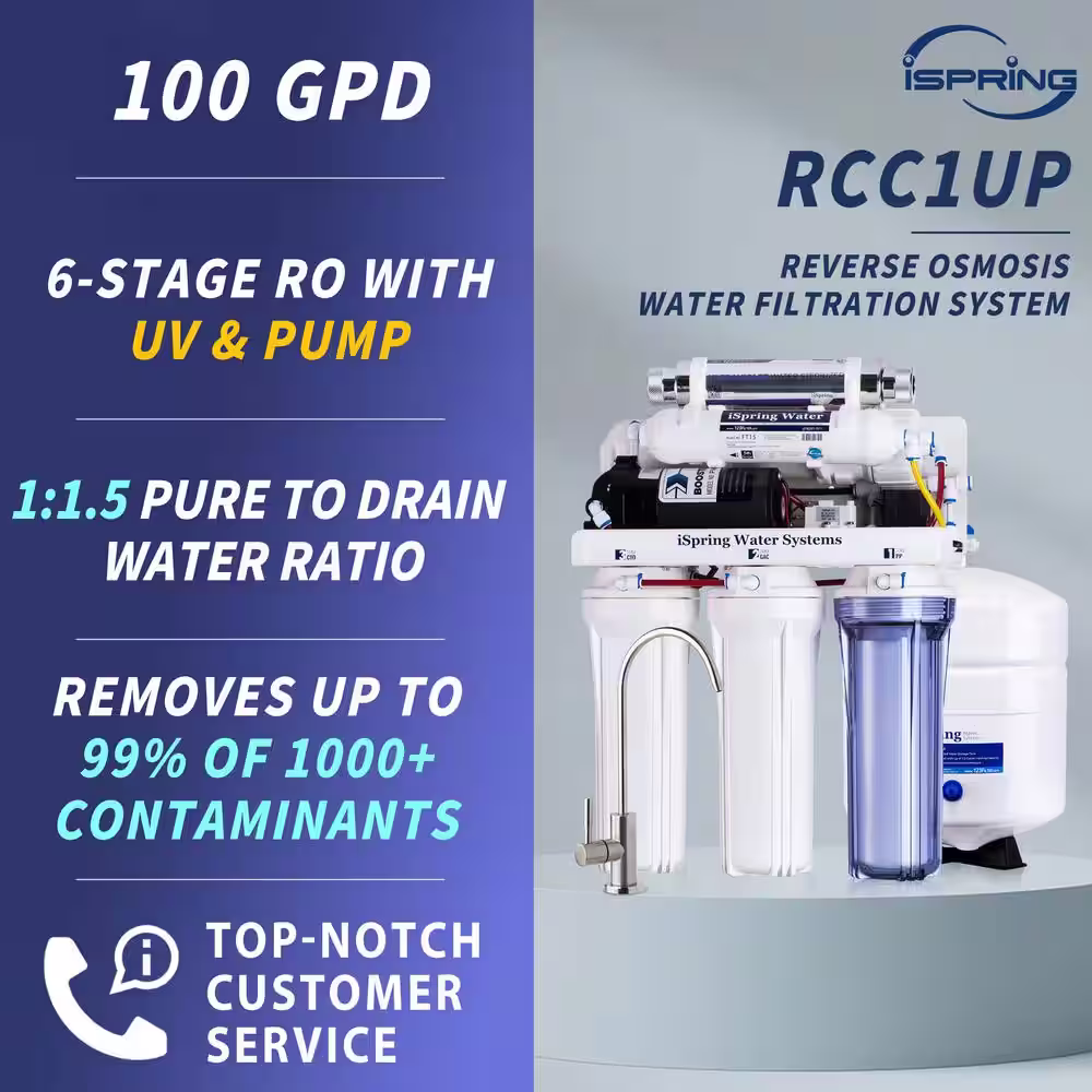 ISPRING 6-Stage Under Sink Reverse Osmosis Drinking Water Filtration System with Booster Pump and UV Filter, 100GPD