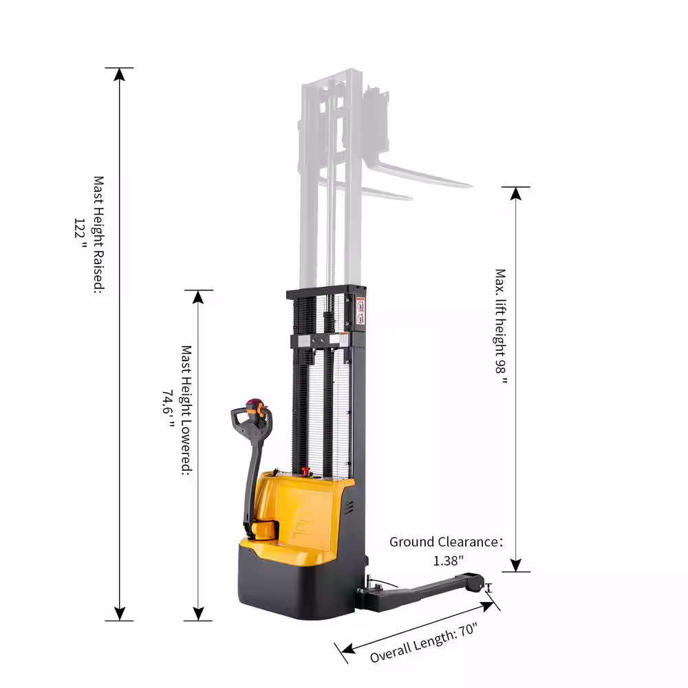 None 3300 lbs. 98 in. Lift Fully Powered Straddle Stacker Electric Walkie Pallet Stacker with Adjustable Fork & Straddle Leg