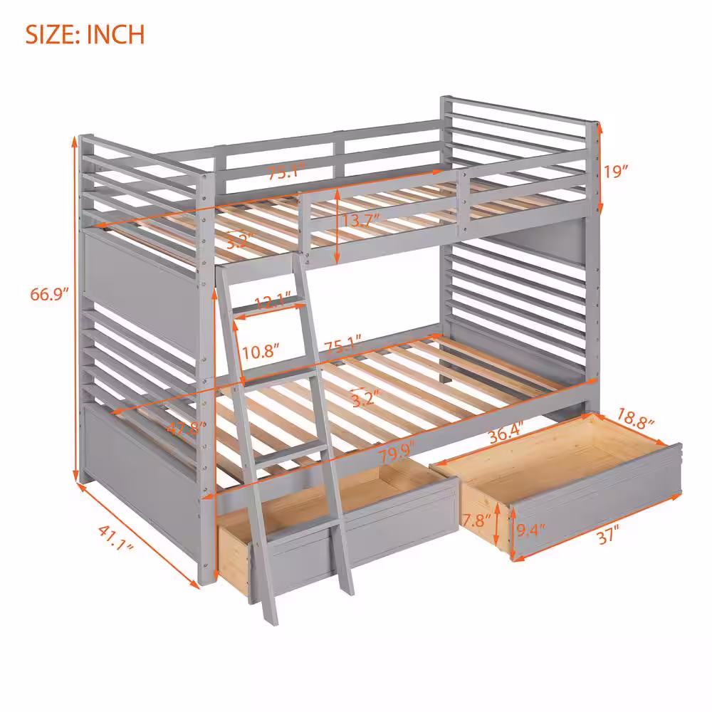 Harper & Bright Designs Elegant Gray Twin Over Twin Wood Bunk Bed With 2-Drawers
