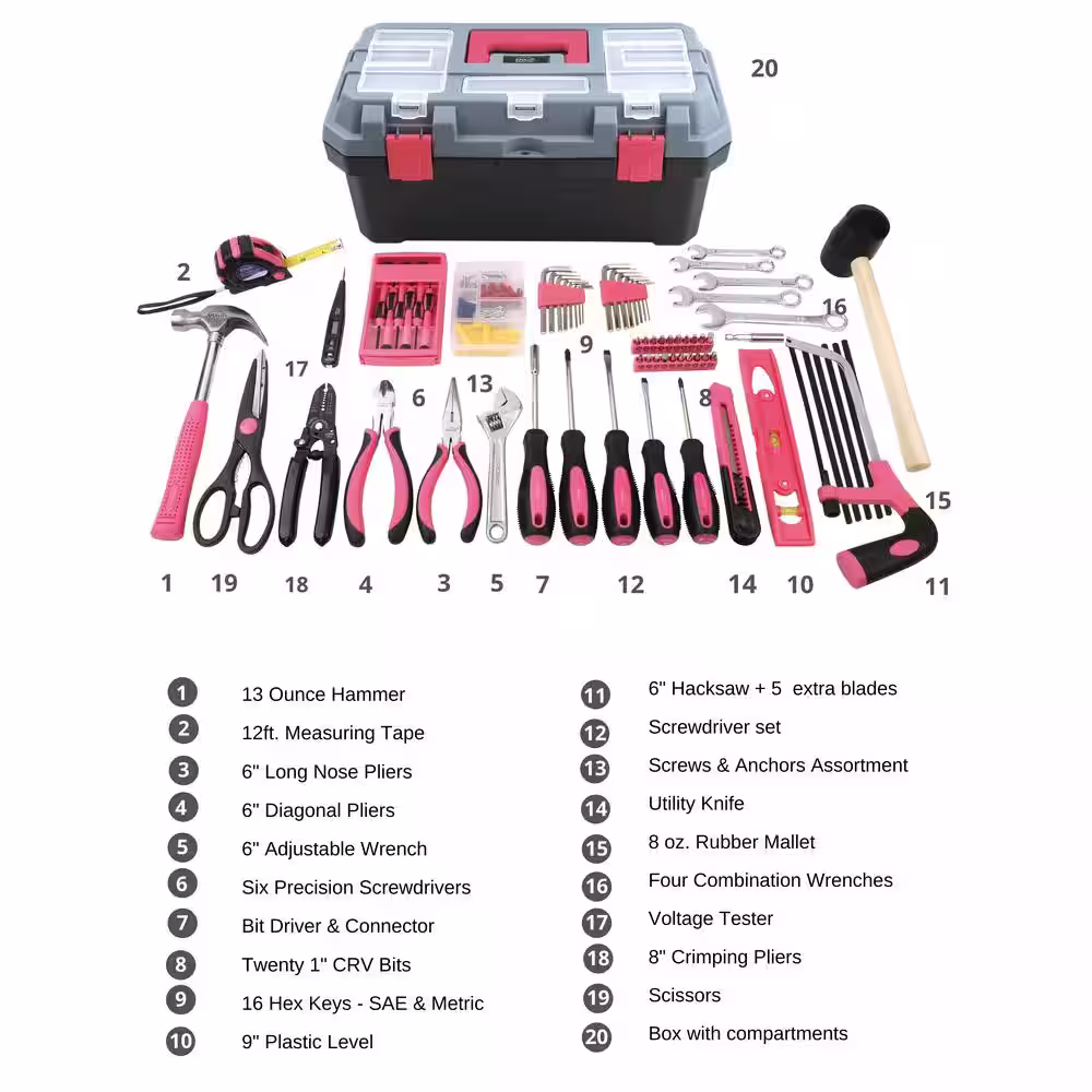 Apollo Household Tool Kit with 16.5 in. Tool Box Pink (170-Piece)