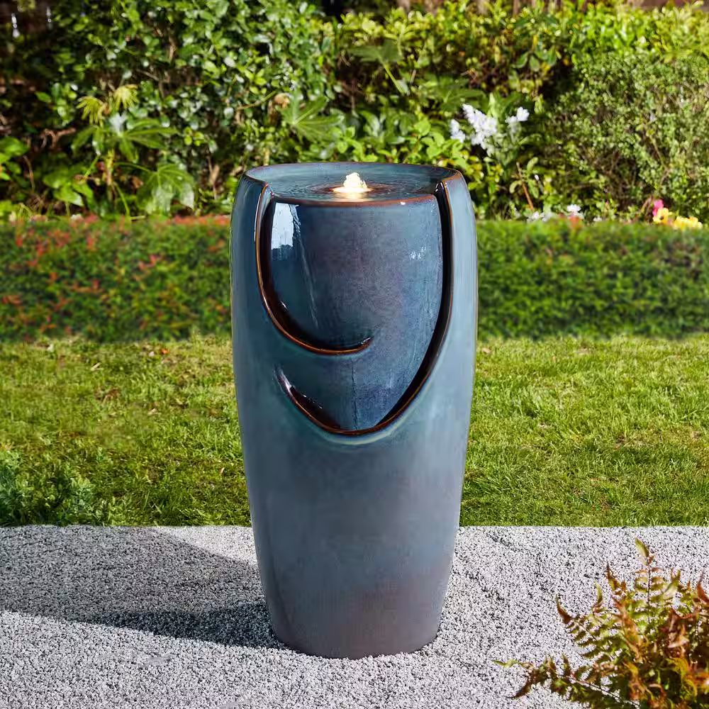 Glitzhome 29.25 in. H Oversized Turquoise Ceramic Pot Fountain with Pump and LED Light