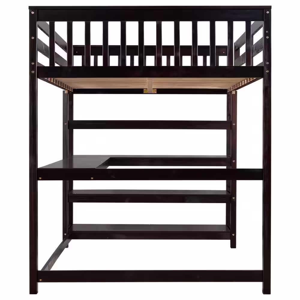 Qualler Espresso Full Size Loft Bed with Storage Shelves and Under-Bed Desk