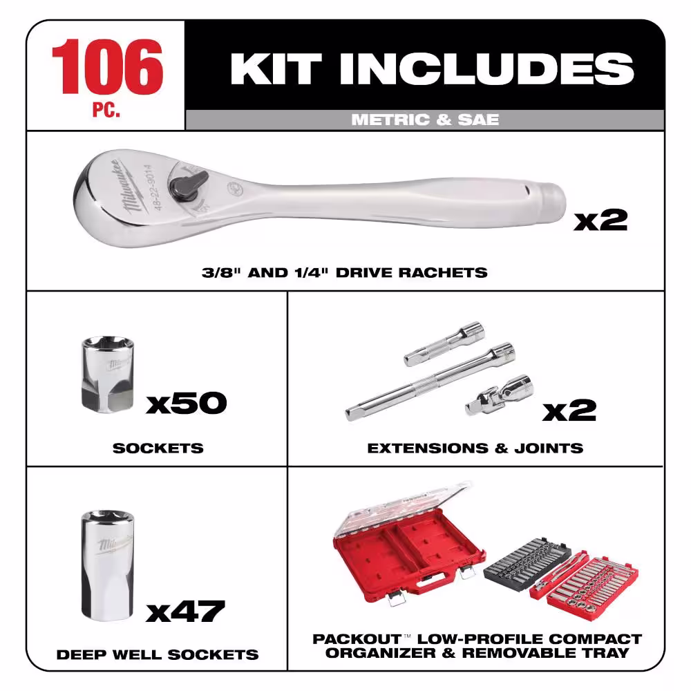 Milwaukee 3/8 in. & 1/4 in. Drive SAE/Metric Ratchet w/Socket Set & 1/2 in. Drive Metric Impact Sockets w/PACKOUT Cases(137-Piece)