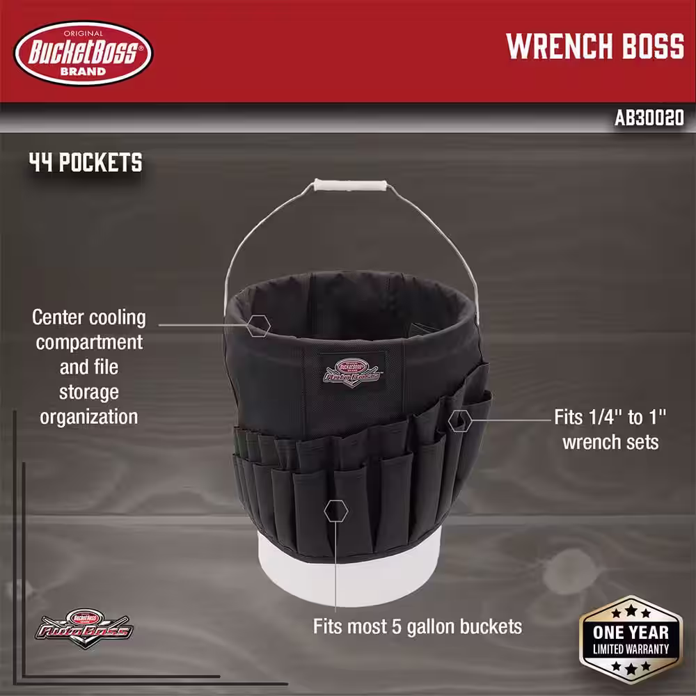 BUCKET BOSS Wrench Boss 5 Gal. Bucket Tool Organizer with 44 Pockets for Wrench Sets and Open Center Bulk Storage in Black