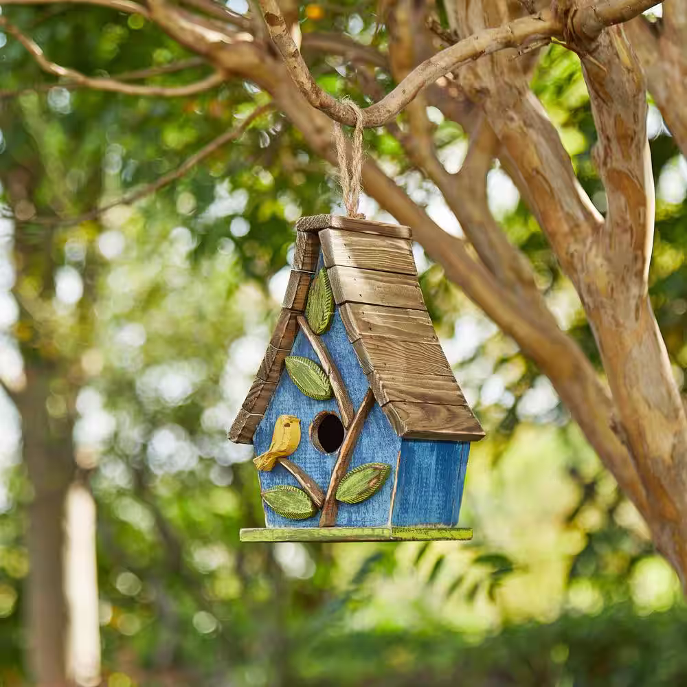 Glitzhome 12.5 in. H Distressed Solid Wood Birdhouse with 3D Leaves