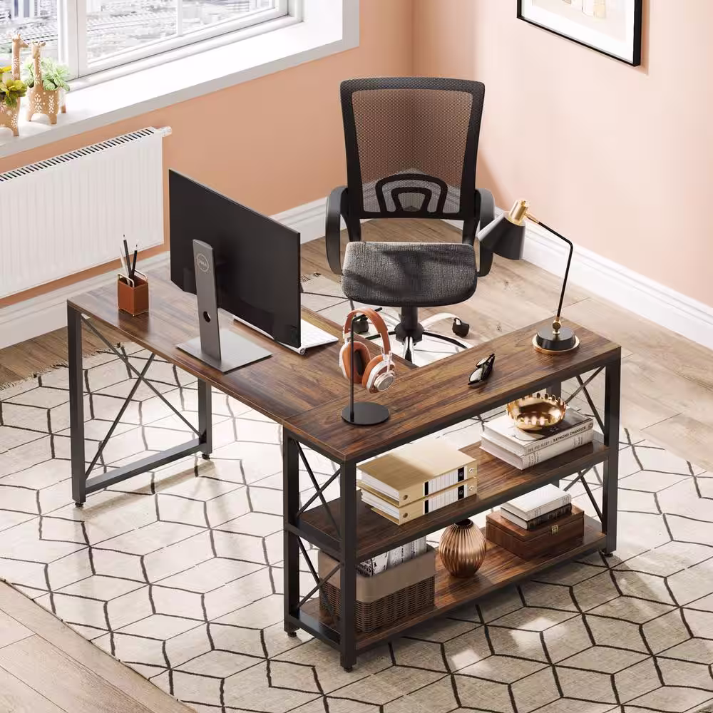 TRIBESIGNS WAY TO ORIGIN Halseey 52.8 in. Reversible L-Shaped Desk Rustic Brown Wood Corner Computer Desk with Storage Shelves for Home Office