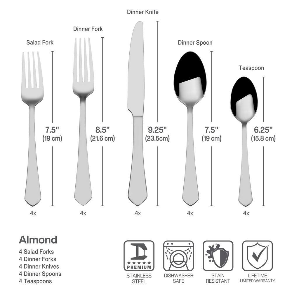 Gourmet Basics by Mikasa Almond 20-pc Flatware Set, Service for 4 Stainless Steel, 18/0