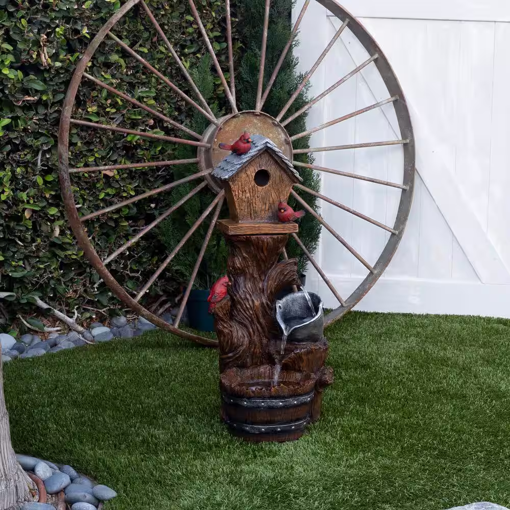 Alpine Corporation 32 in. Tall Outdoor Cascading Barrel Water Fountain and Cardinal Birdhouse Yard Decoration