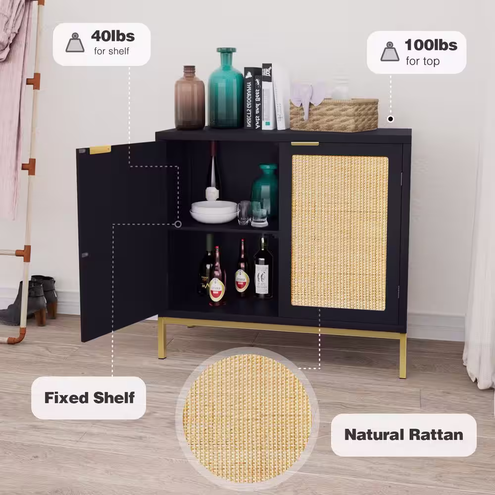 Aupodin Black Accent Storage Cabinet with 2 Rattan Doors Mid Century Sideboard Furniture for Living Room Bedroom