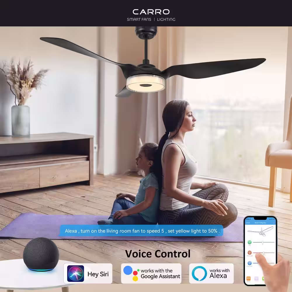 CARRO Finley 60 in. Dimmable LED Indoor Black Smart Ceiling Fan with Light and Remote, Works with Alexa and Google Home