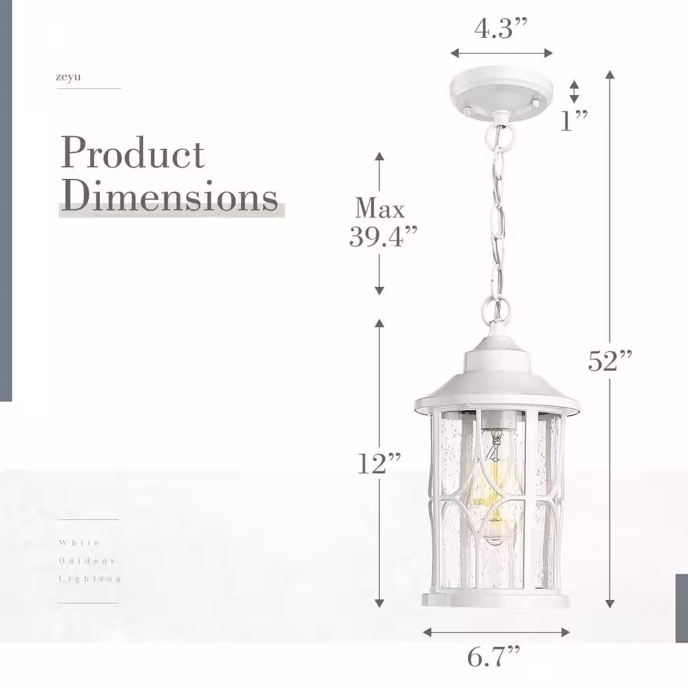 None 12 In.1-Light White Outdoor Aluminum Exterior Pendant Light Hanging Porch Light with Seeded Glass