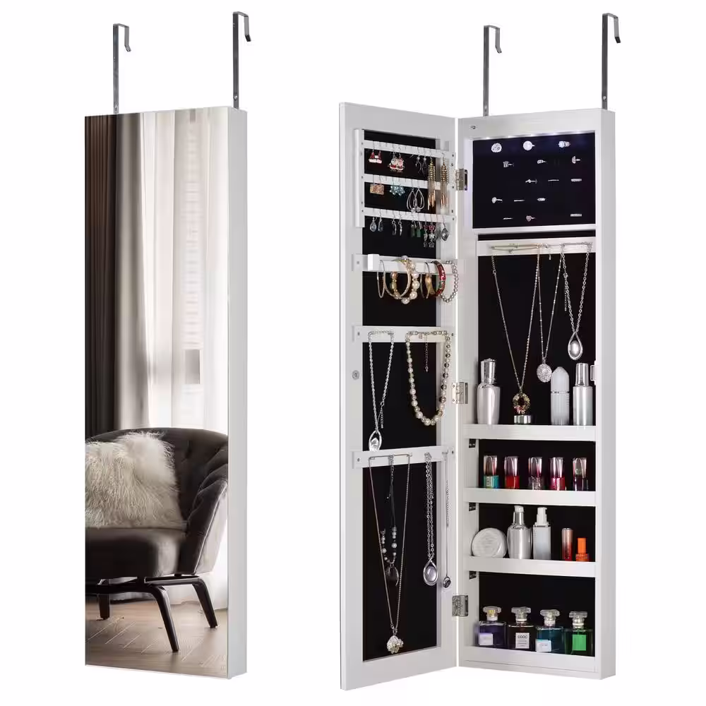 None Rectangular MDF Simple Jewelry Storage Mirror Cabinet With LED Lights Can Be Hung on the Door or Wall