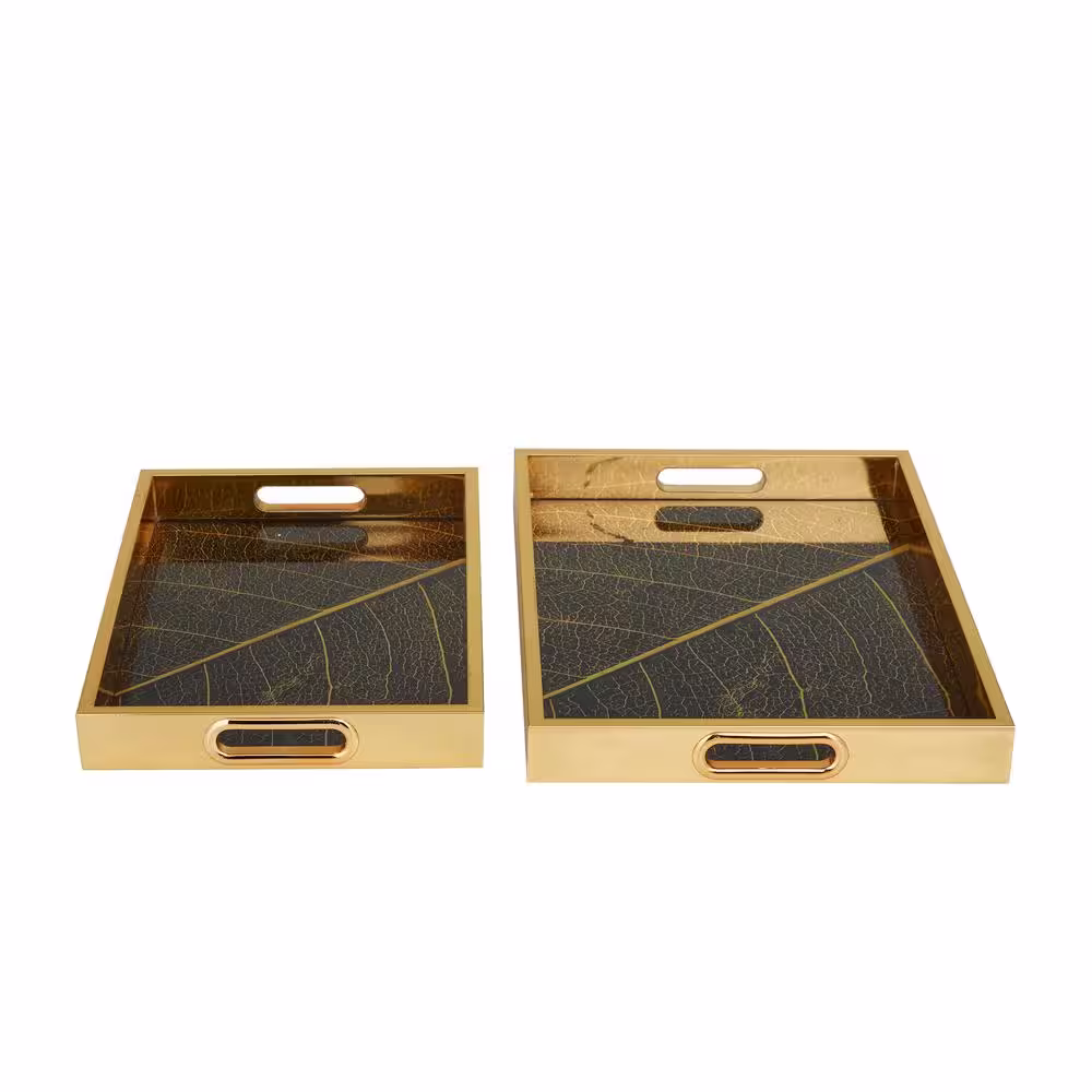 Litton Lane Gold Plastic Geometric Decorative Tray with Black Glass (Set of 2)
