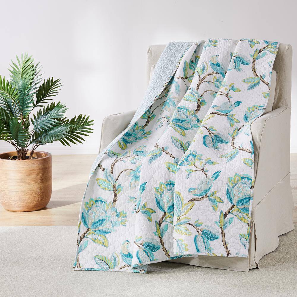 None Cressida Teal Floral Bird Quilted Cotton Throw Blanket