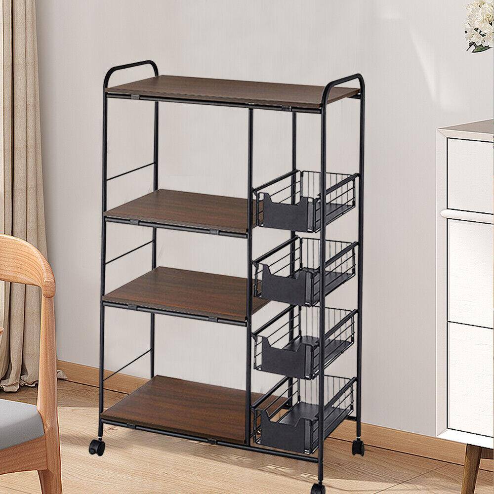 None Walnut Wood Rolling 4-Tier 4-Wheeled Metal Wire Baskets Stand Cart in Black