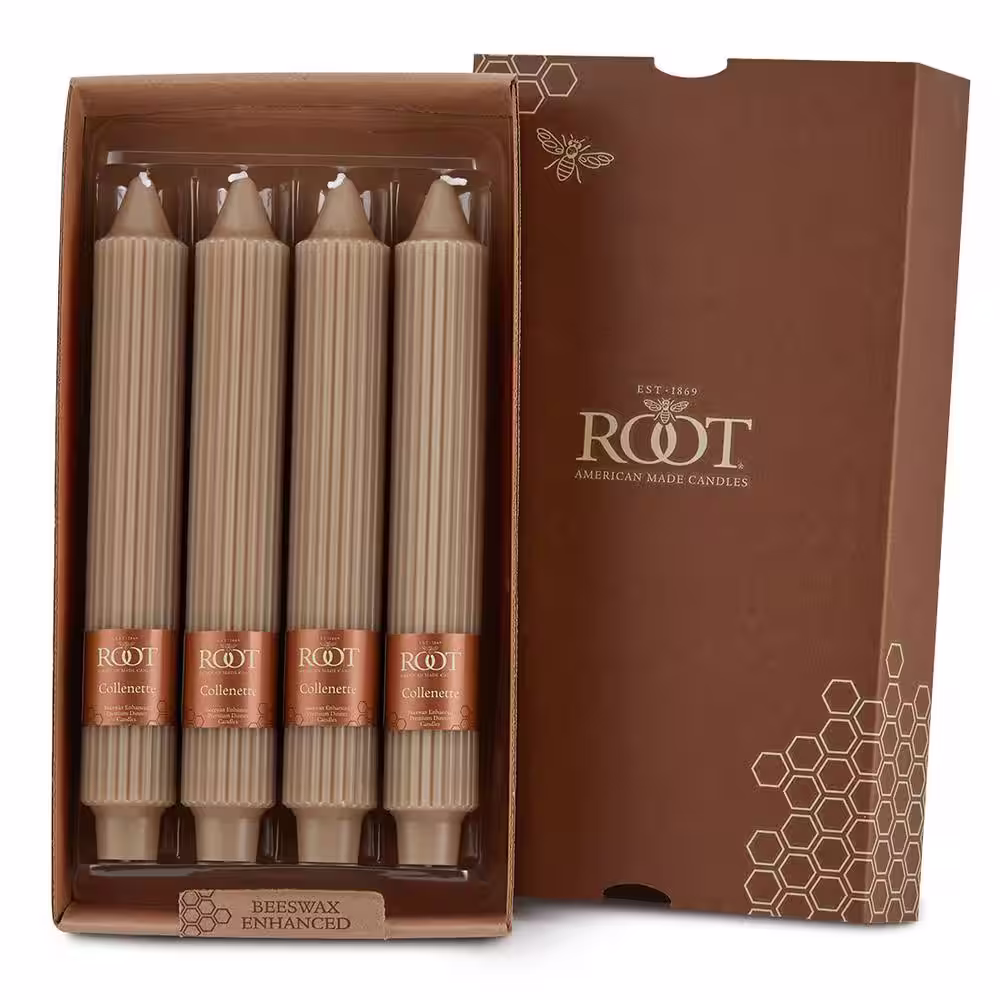 ROOT CANDLES Grecian Collenette 9 in. Taupe Unscented Taper Candle (Set of 4)