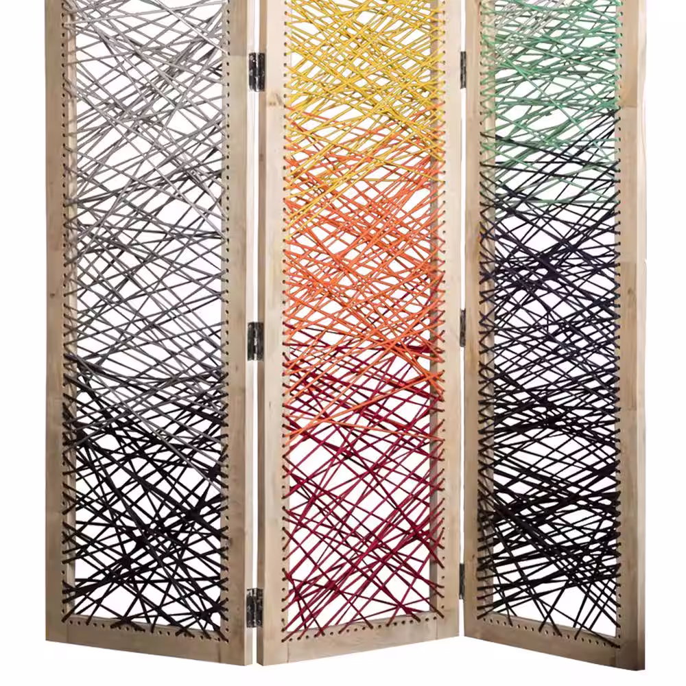 Benjara Multicolor 3-Panel Wooden Screen with Woven Reinforced Yarn