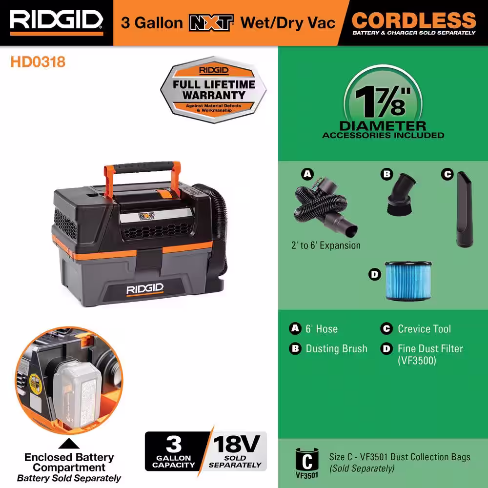 RIDGID 3 Gallon 18-Volt Cordless Handheld NXT Wet/Dry Shop Vacuum (Tool Only) with Filter, Expandable Hose and Accessories