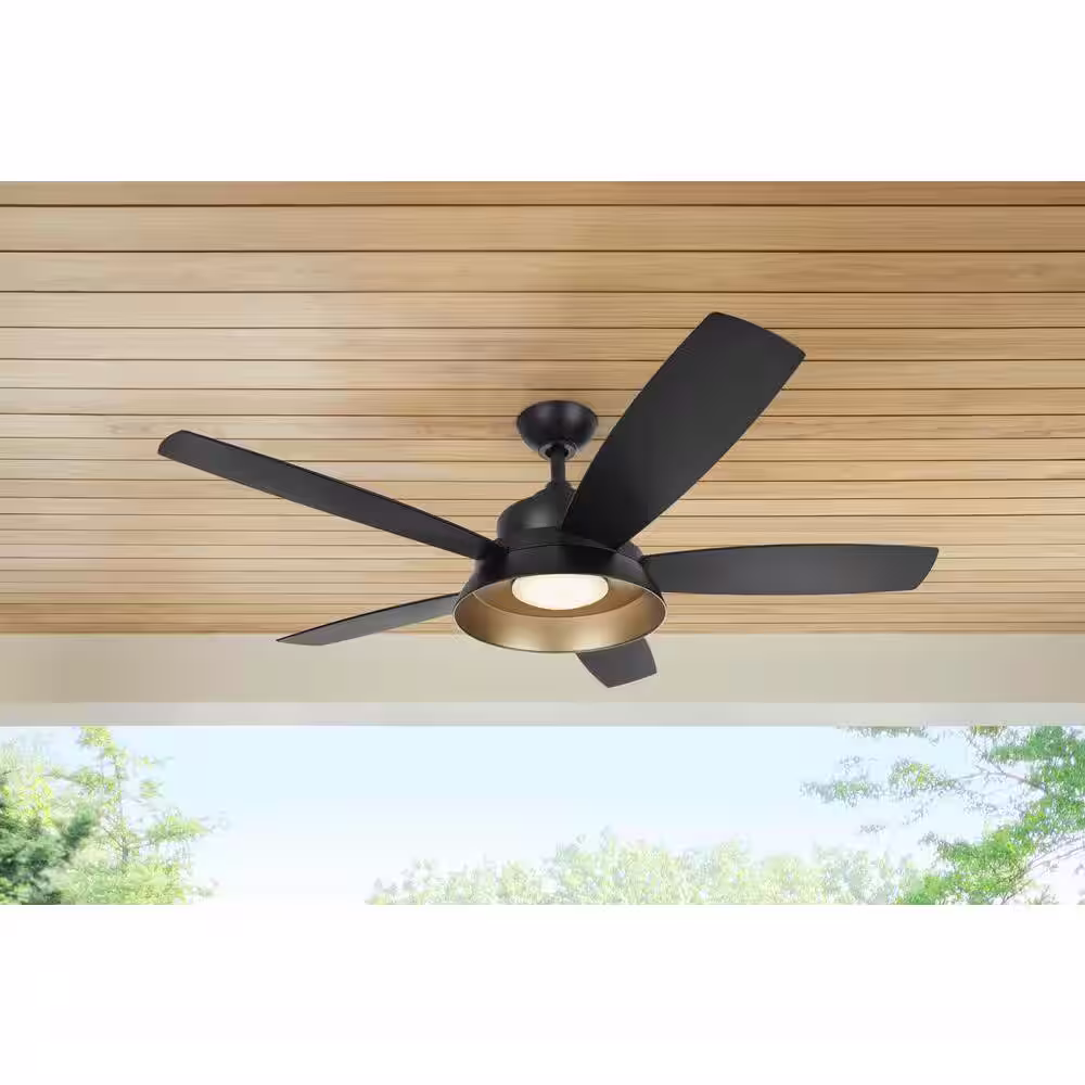 Home Decorators Collection Kempston 52 in. Integrated LED Outdoor Matte Black Ceiling Fan with Light Kit and Remote Control