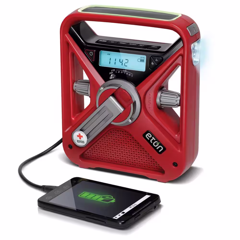 Eton American Red Cross AM/FM NOAA Weather Radio with Hand Turbine, Solar and USB Smartphone Charging plus LED Flashlight