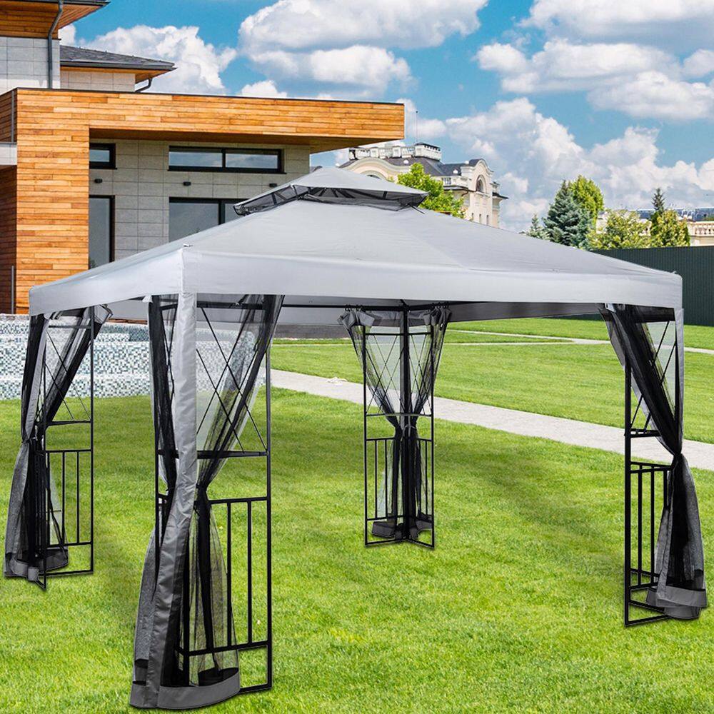 Alpulon 10 ft. x 10 ft. Light Gray Steel Frame Outdoor Gazebo with Mosquito Netting and Corner Shelves