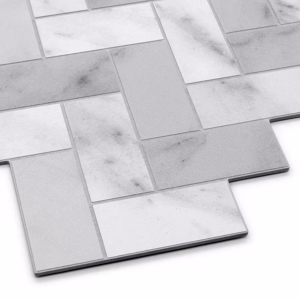 None White Carrara Small Herringbone 11.6 X 11.1 in. Peel and Stick Backsplash Tile Wall Tile (10 Tiles, 8.93 Sq.Ft.)