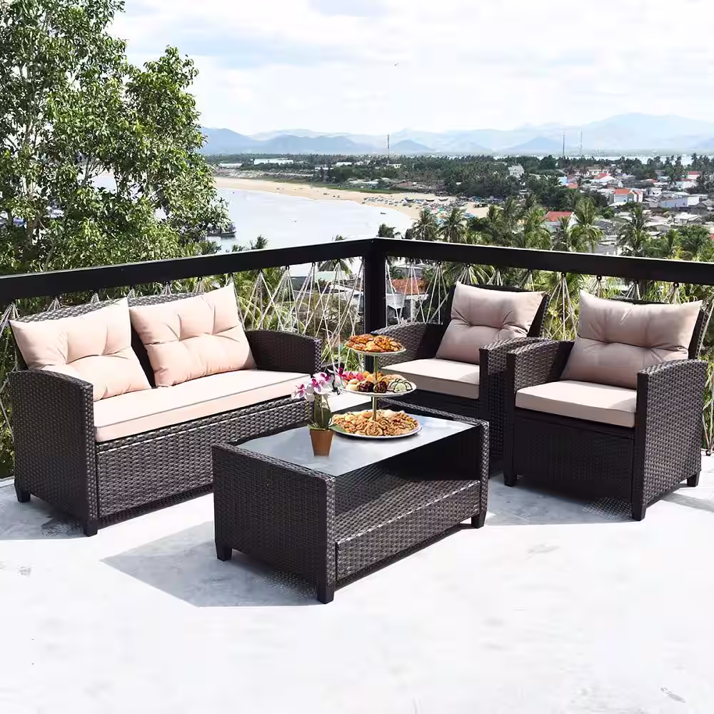 Costway 4-Pieces Wicker Patio Conversation Set Cushioned Sofa Armrest Table with Beige Cushions
