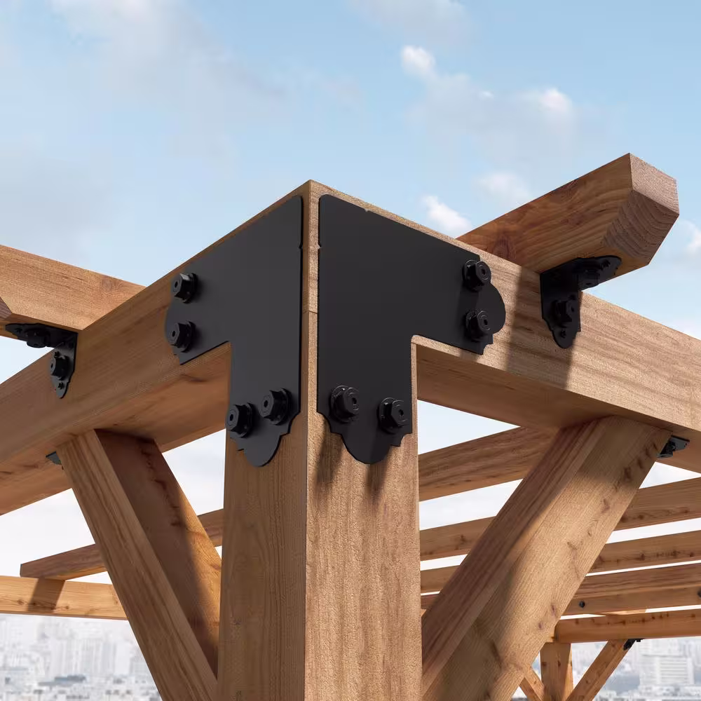 OWT Ornamental Wood Ties OWT Lite Laredo Sunset 5 in. 12-Gauge Black 90-Degree Galvanized Steel Flush Outside Wood Connector Plate, Hex Cap Nuts