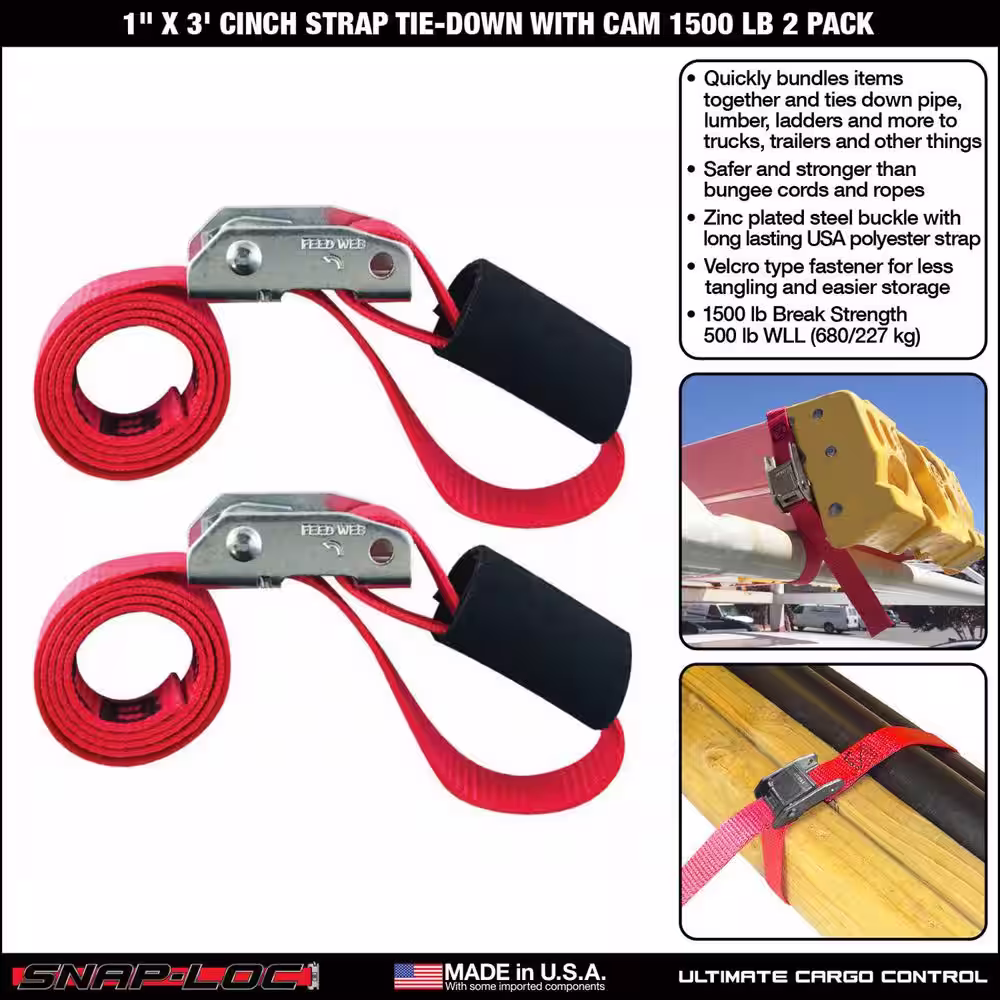 SNAP-LOC 3 ft. x 1 in. Cam with Cinch Strap in Red (2-Pack)