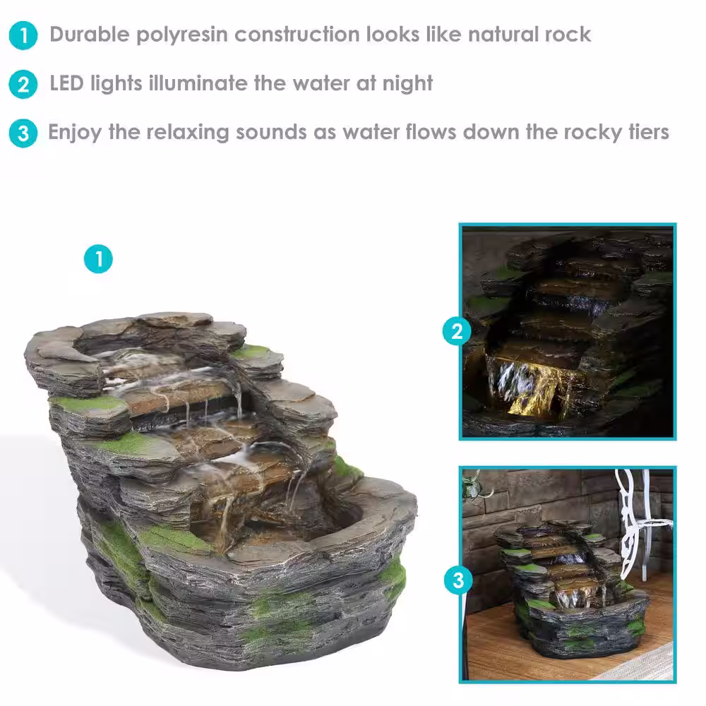 Sunnydaze Decor 13.75 in. Cascading Shale Falls Outdoor Fountain with LED Lights